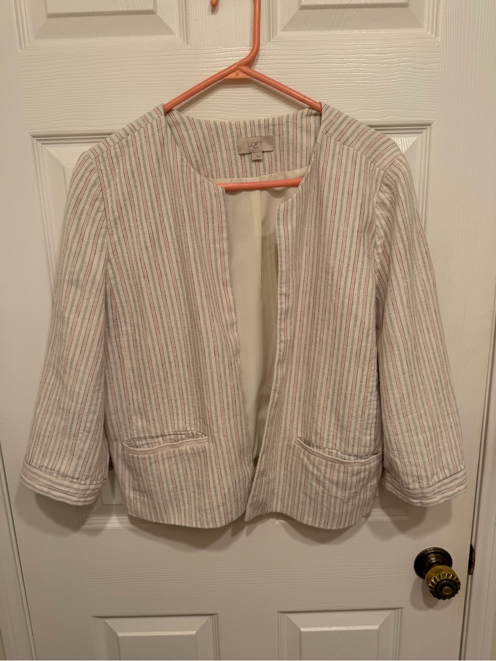 LOFT Cream Open Front, 3/4 Sleeves Blazer with Pink & Gray Pinstripes Size L